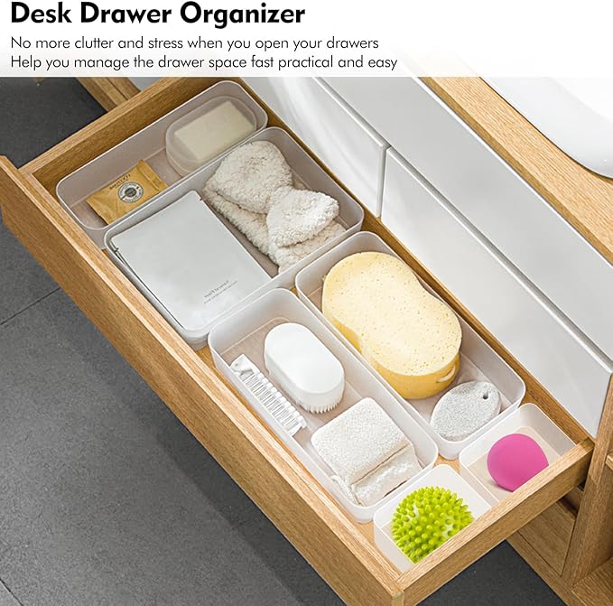 Poeland 15 Pcs Drawer Organizer Tray Storage Box for Bedroom Dresser Bathroom Kitchen, Frosted