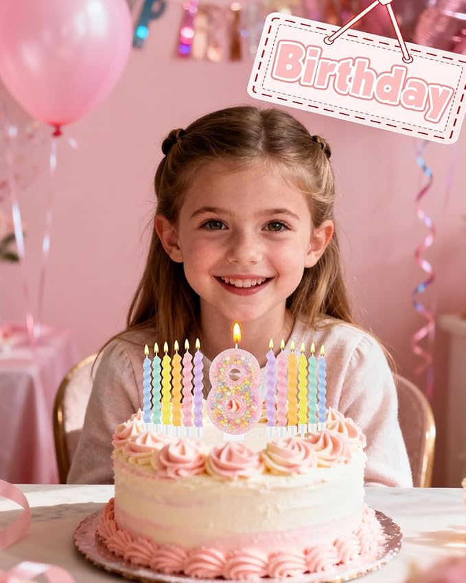 Birthday Candles for Cake, Macaron Number Candles, Cake Candles with Greeting Card for Birthday Party Wedding Anniversary Celebrations (8 Candle)