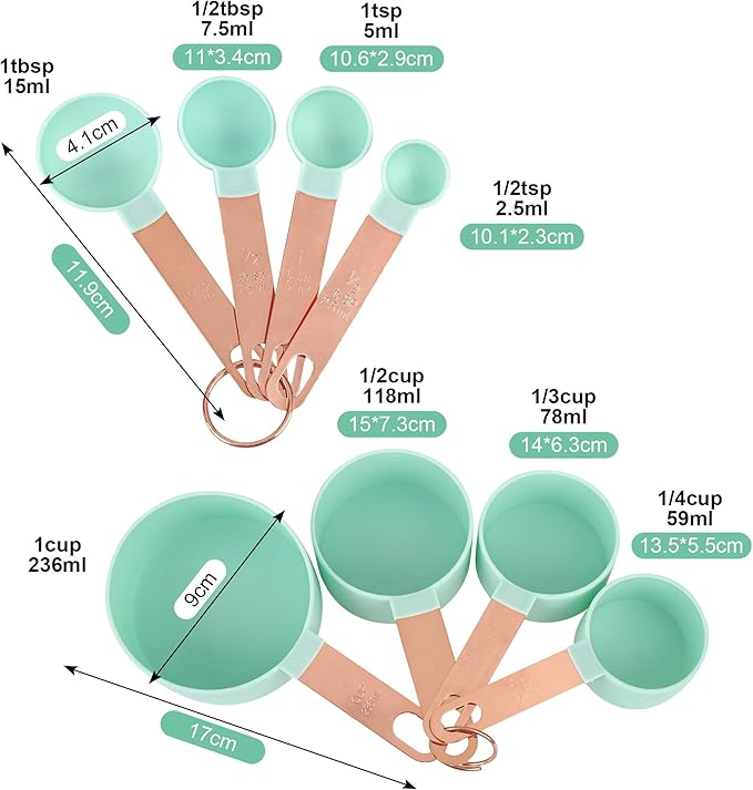 8-Piece Stackable Rose Gold Stainless Steel Handled Measuring Cups and Spoons for Measuring Dry and Liquid Ingredients (green)