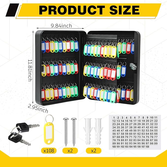 Ripeng 108-Keys Steel Key Lock Box - Wall Mount Key Cabinet with Colorful Secure Tags & Hooks Keys Organizer Storage for Home Office Hotel Rental Business Property Management, Black