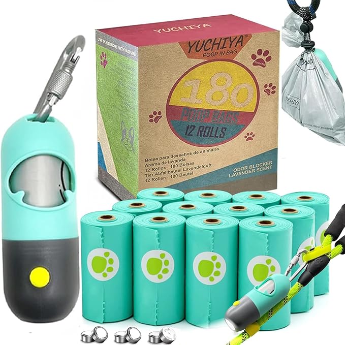 Dog Poop Bags Holder with LED Flashlight|Pet Waste Bags Dispenser for Leash|Doggie Potty Bags Container with Leak-proof Pet Trash Bags and Accessories (1 Holder 195 Bags, Mint Green)