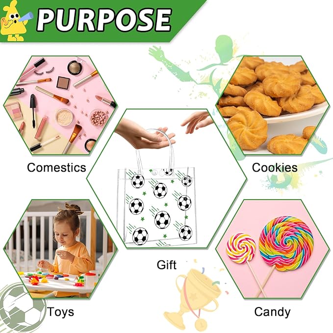 24Pcs Soccer Clear PVC Gift Bags With Handles Bulk 8 x 8 x 3 In Sport Theme Goodie Treat Candy Bags Soccer Team Present Wrap Tote Bag for Boys Birthday Party Favor Baby Shower Decorations Supplies