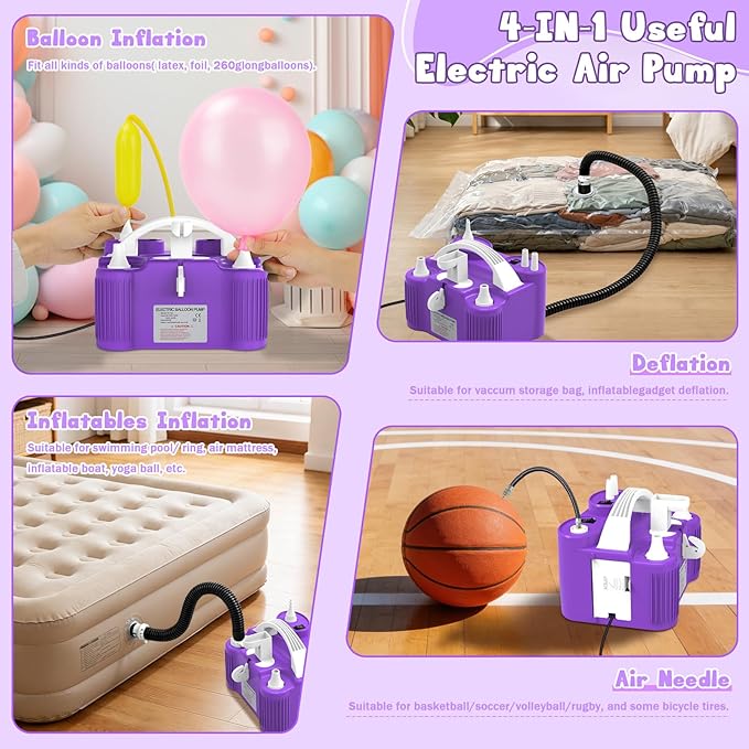 ID IDAODAN 4-in-1 Electric Balloon Pump with Triple Nozzles, Dual Motor Balloon Inflator & Deflator for Latex, Foil & 260Q Balloons