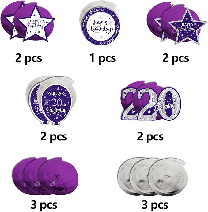 Happy 20th Birthday Purple & Silver Glitter Swirls Streamers Party Decorations - 15 Pcs 20th Birthday Hanging Swirls Streamers Kit,Cheers to Twenty Years Old Bday Party Sign.
