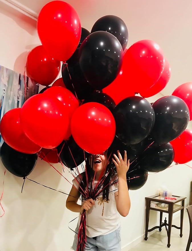 Red and Black Balloons - 12 Inch Red Black Latex Balloons Glitter Confetti Balloon Party Balloon for Graduation Racing Car Poker Card Casino Party Decorations, Birthday Wedding Party Supplies