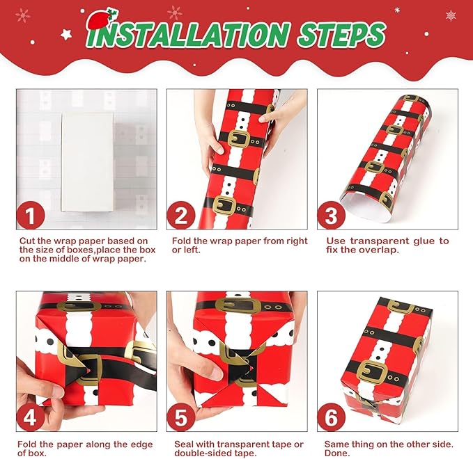 WERNNSAI Christmas Wrapping Paper Rolls - 3 Rolls 17”x 120”Red Christmas Wrapping Paper for Holiday Gift Packing Decorations Santa Claus and Snowflake Design Wrap Paper with Cutting Lines