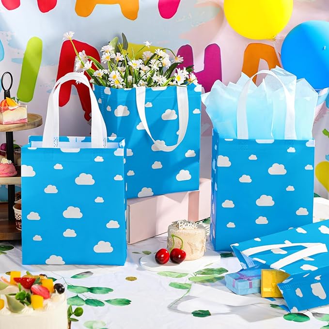 Locmeo 24 Pcs 8 x 4 x 10 Inch Toy Party Blue Sky White Clouds Gift Bags with Handles Reusable Non Woven Blue and White Cartoon Themed Candy Bags for Girl Boy Birthday Baby Shower Party