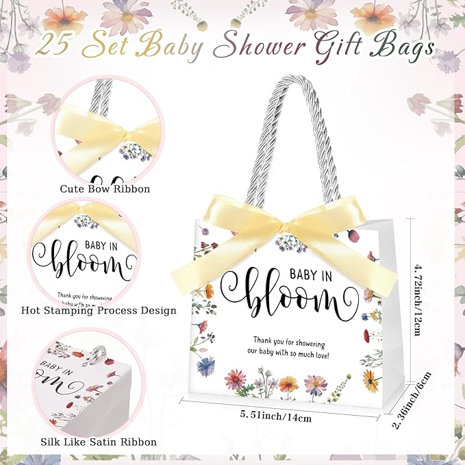 Spakon 25 Sets Baby in Bloom Baby Shower Party Favors Bags Wildflower Gift Bags with Handle and Bow Ribbon for Birthday Party Supplies Decoration