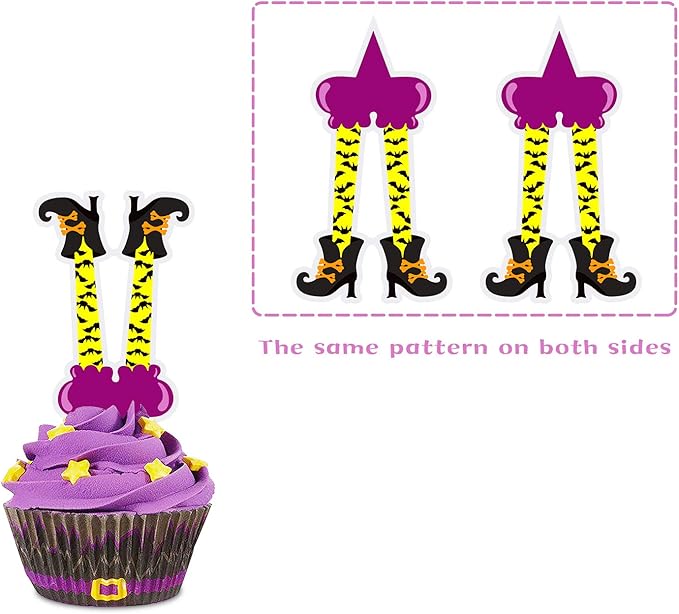 Set of 48 Witch Cupcake Toppers Halloween Witch's Boot Leg Paper Cupcake Toppers for Fall Hoilday, Halloween Birthday Party Decorations (8 Style)