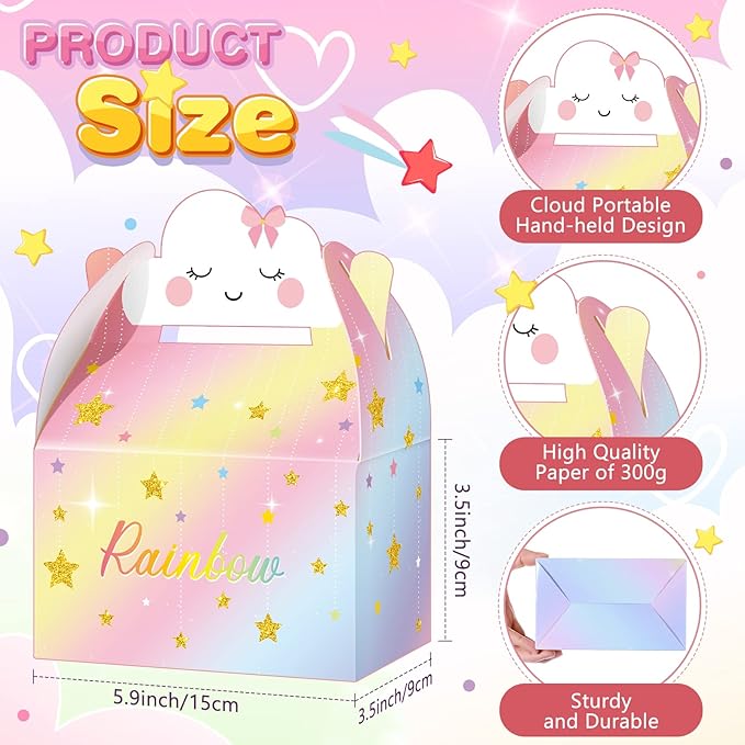 Leinuosen Rainbow Cloud Gift Boxes - Cute Party Favor Boxes, Candy Goodies, Treat Boxes for Girls, Boys & Kids Birthday Party Decor (Rainbow Cloud Style, 12 Pieces)