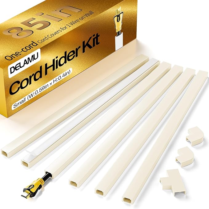 Delamu Beige Cord Hider, 85in Cord Covers for Wires on Wall, One-Cord Cable Hider, Wire Hiders Wire Covers for TV Cords on Wall, Easy Mount Cable Cover Management Kit, 6X L14.2 W0.59 H0.4in, Beige
