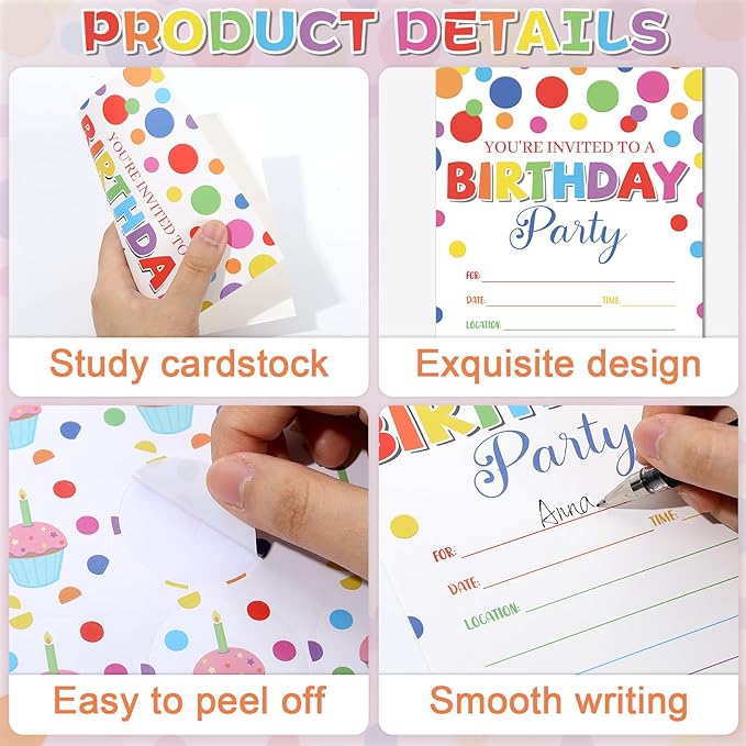 QOUBAI 30 Packs Party Invitations for Birthday Party Invite Cards with Envelopes Label Stickers for Decorations Supplies Shower Retirement Party Favors(Confetti)