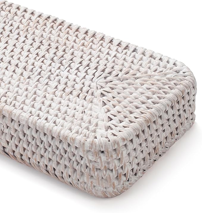 Rattan Bathroom Vanity Tray, Toilet Tank Tray, Toilet Basket Tank Topper, Bathroom Basket for Organizing and Decor (Whitewash, 10.2" x 4.9" x 1.6")