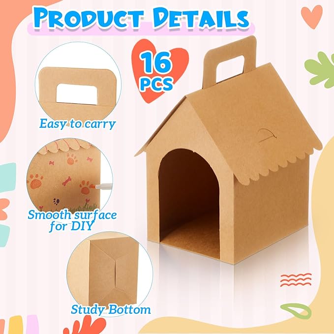 ShinyRelief 16 Pcs Dog Party Favors Boxes Dog House Shaped Treat Gift Boxes with Holes Foldable with Handle for Adopt a Puppy Party Favors Kid DIY Crafting Birthday (Kraft Paper Style)