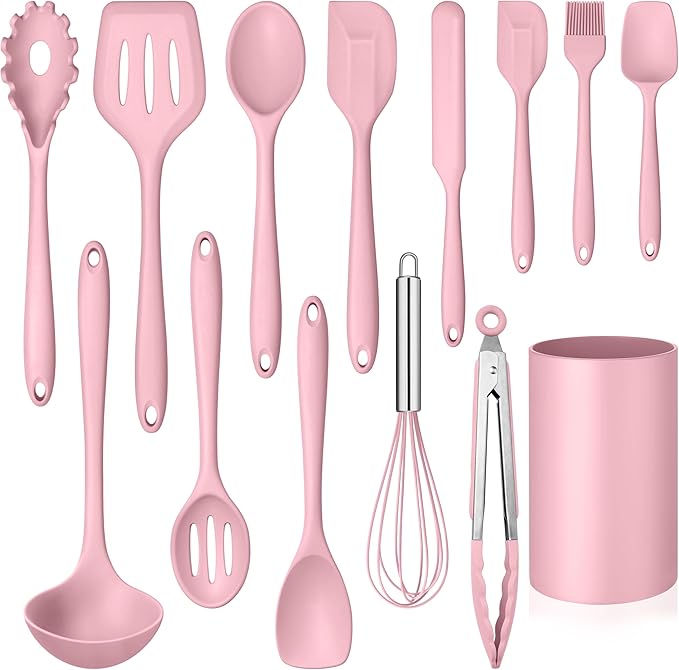 LIANYU 14 Pcs Kitchen Utensils Set, Silicone Cooking Utensils Spatula Set with Holder, Heat Resistant Cookware Tools Includes Spoon Turner Whisk Tong, Dishwasher Safe, Pink