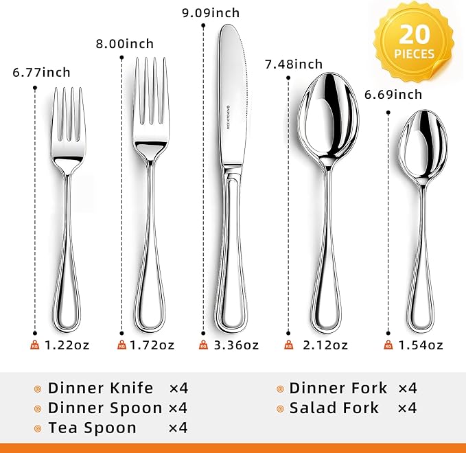 NICE KITCHEN Silverware Set for 4,20 Piece Heavy Duty Stainless Steel Flatware Set - Mirror Polished Cutlery Set,Dishwasher Safe Utensil Set with Knives Forks Spoons,Luster Series