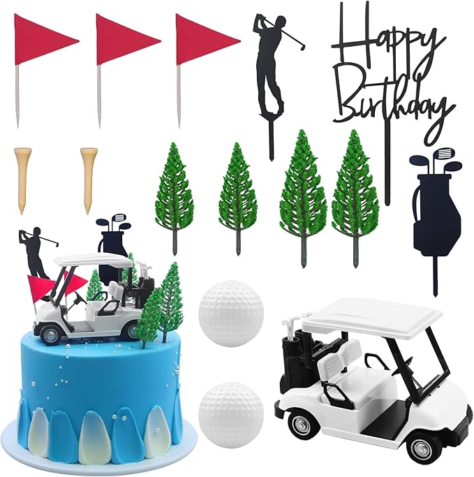 MEMOVAN 2026 New Golf Cake Decorations Golf Birthday Cake Toppers Mini Golf Cart Toy Golf Theme Cake Decorations with Cart Flag Golf Ball Green Tree for Golf Theme Party Supplies