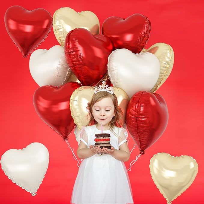 Red Gold Heart Balloons Foil, 12Pcs 18 Inch Metallic Red Gold Cream Beige Heart Shape Foil Balloon for Girls Women Birthdays Wedding Baby Shower Valentines Mother's Day Xmas Christmas Party Decor