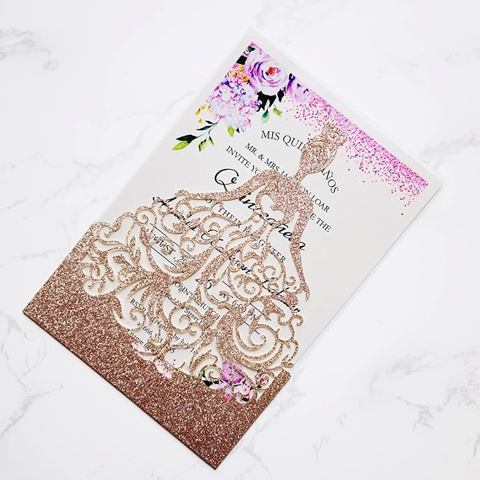 5 x7.3 Inch 20PCS Blank Quinceanera Invitations Kit Laser Cut Hollow Girl Princess Pocket with Envelopes Crown Invitations Cards for Quinceañera Birthday Party Invite (Rose Gold Glitter)