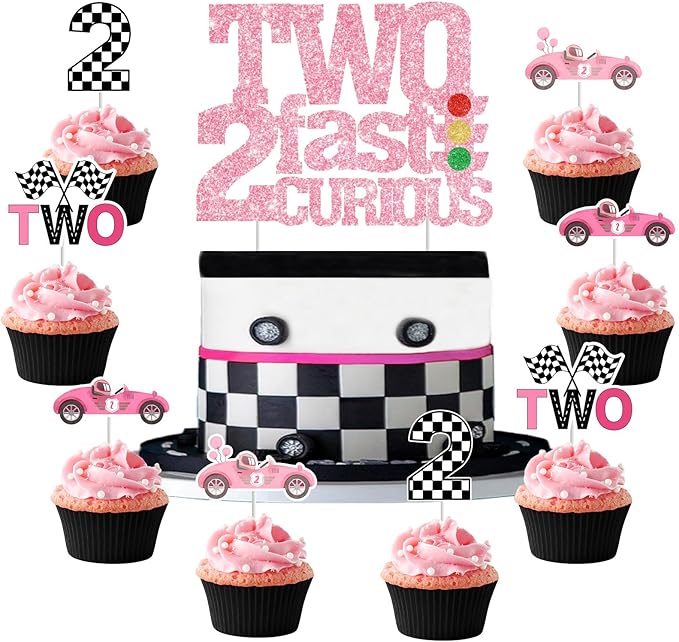 Two Fast Two Curious Birthday Decorations, 25Pcs Race Car Cake Topper Cupcake Toppers Pink for Girl 2nd Birthday Let’s Go Racing Party Supplies