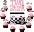 Two Fast Two Curious Birthday Decorations, 25Pcs Race Car Cake Topper Cupcake Toppers Pink for Girl 2nd Birthday Let’s Go Racing Party Supplies