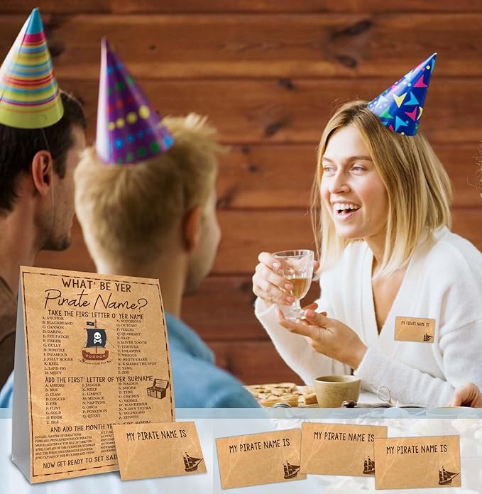 Pirate Birthday Decorations - 30 PCS What's Your Pirate Name Sign and Stickers Set, Treasure Hunt Birthday Party Supplies, Nautical Theme Pirate Party Favor
