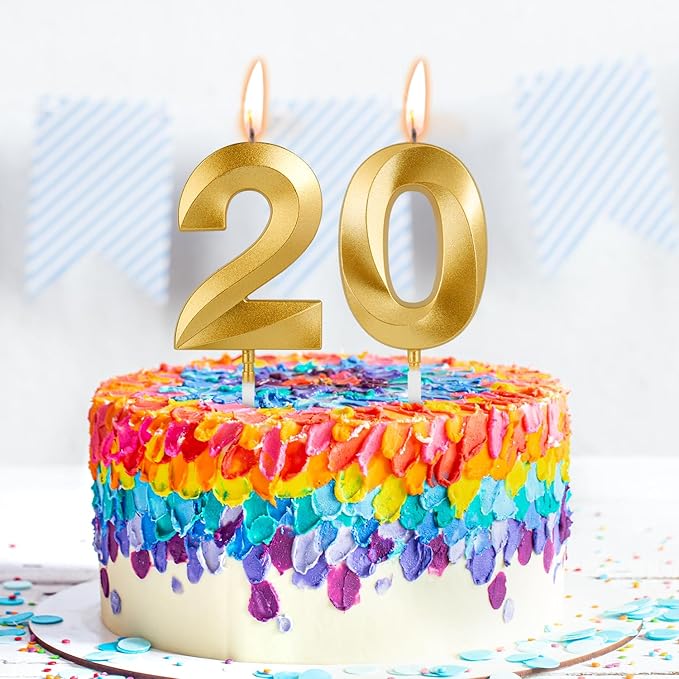 Birthday Candles, 1.96 Inch Number 20 Happy Birthday Candles, Number Candles Decoration for Birthday Party and Anniversary Celebration(Champagne Gold)