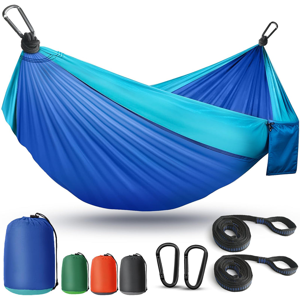 Camping Hammock Lightweight, Portable Hammocks Parachute Hammock with Two Tree Straps, Single or Double Travel Swing Nylon Camp Hammocks, Outdoor Essentials for Beach Backpacking Hiking, Blue