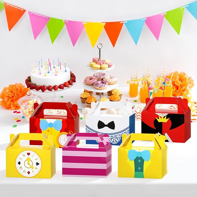Wonderland Party Decorations Boxes Wonderland Paper Gift Boxes Tea Party Goodie Snack Treat Box with Handles for Tea Theme Parties Fairy Birthday Baby Shower Favors Supplies Decorations （24Pcs ）