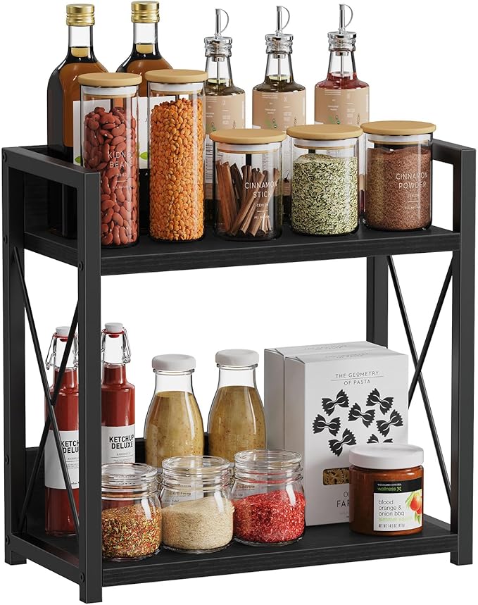 Giikin Kitchen Countertop Organizer, 2 Tier Coffee Bar Organizer, Black Spice Rack for Counter, Kitchen Counter Shelves, Particleboard, Large Size (15.8" L x 7.9" W x 15.8" H), Black