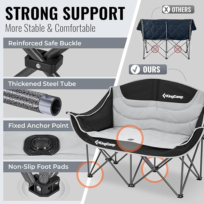 KingCamp Double Camping Chair, Oversized Heavy Duty 660lbs Loveseat for Adults Portable Folding XL 2 Person Couch Padded Comfortable Two Seat with Cup Holder for Outdoor Lawn Backyard, Black/Grey