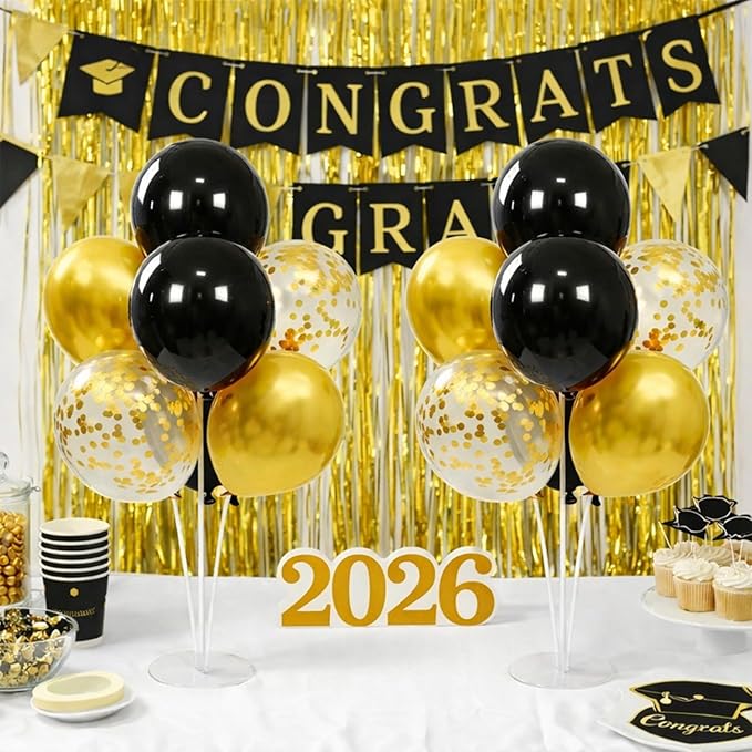 4 Sets Balloon Stand Kits, Balloon Sticks Holder with Base for Table Black Gold Party Decorations for Men's Women's Birthday Wedding Graduation Party Retirement Baby Shower Graduation Decorations 2026