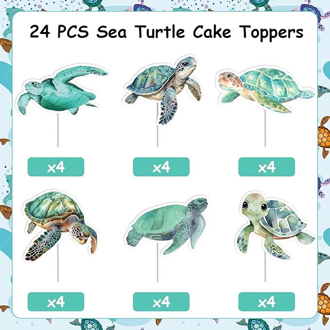 Turtle Birthday Decorations 24pcs Sea Turtle Theme Cake Toppers for Boys Ocean Animals 1st 2nd 3rd Birthday Decors Under the Sea Cake Decorations Underwater Baby Shower Gender Reveal Party Supplies