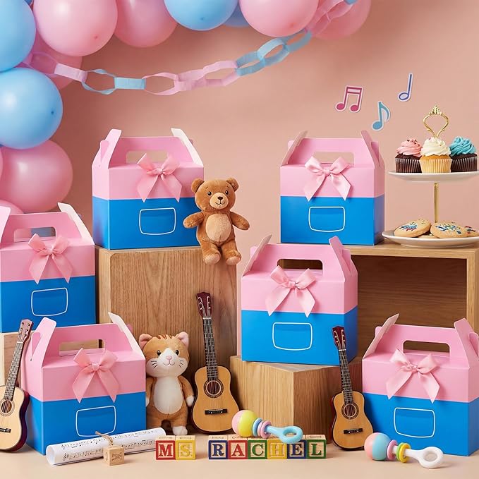 YooNotee 24 Pack Cartoon Girls Happy Birthday Party Gift Boxes Decorations Pink Cartoon Candy Boxes with Bow Colorful Goodie Bags for Birthday Party Favors