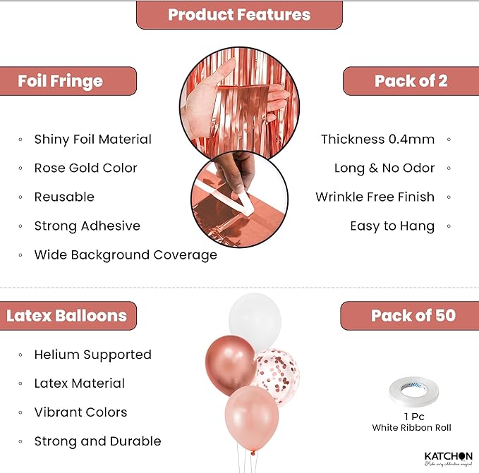 KatchOn Rose Gold Party Decorations Set – Pack of 52 | Rose Gold Fringe Backdrop with Latex Balloons Confetti Balloons for Birthday, Wedding, Anniversary, Bridal Shower, Bachelorette Party Decorations
