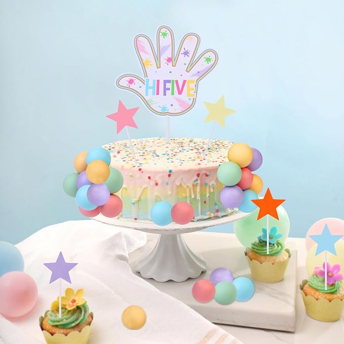 Macaron Theme Hi Five Birthday Cake Decorations 26Pieces - Pastel Ball Star Hand Dessert Picks 5th Birthday Cake Cupcake Toppers, 5 Year Old Birthday Party Supplies