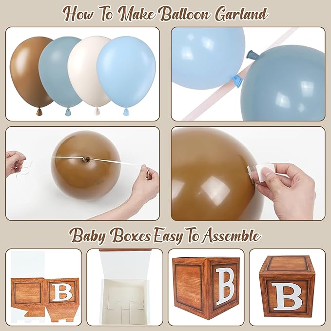 Blue Bear Baby Shower Decorations, 149pcs Dusty Blue and Brown Balloon Garland Arch Kit With Wood Grain Baby Boxes for Bear Baby Shower Decorations Gender Reveal