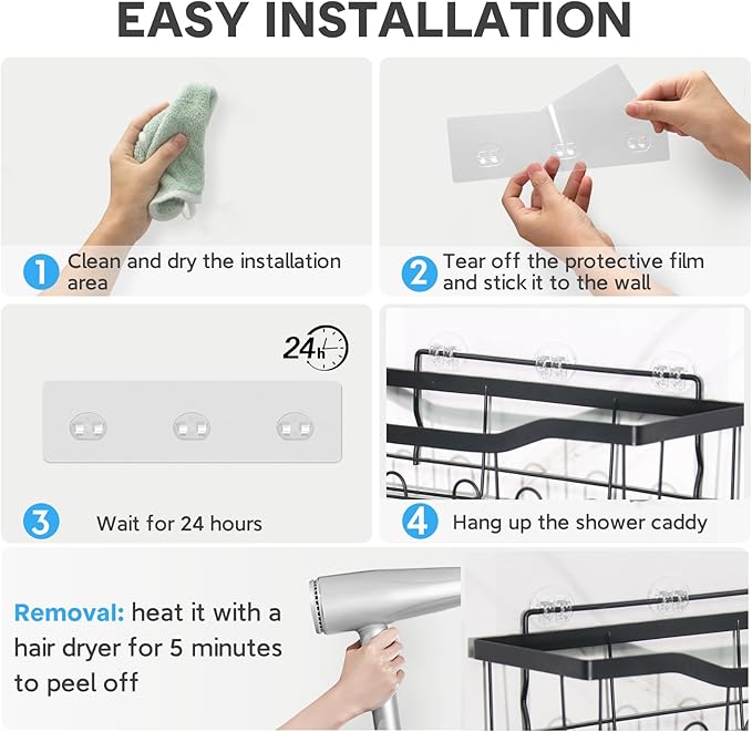 6 Pack Shower Caddy Adhesive Replacement, Strong Adhesive Hooks for Shower Shelf, Waterproof Adhesive Hooks, No Drilling, for Bathroom Shelves, Kitchen Racks and Soap Holder