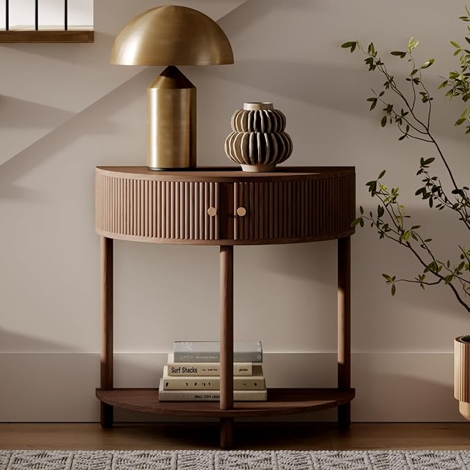 Stead Fluted Half Moon Shaped Console Table - Small Entry Desk - Living Room Furniture - Modern Home Decor - Solid Wood Entryway Table with Two Doors and Brass Knobs (Walnut)
