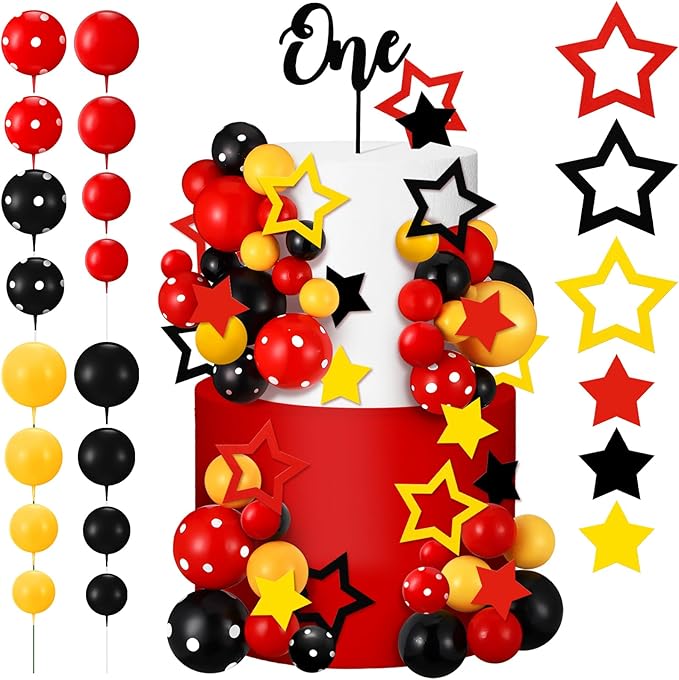 57 Pcs Black Red Yellow Ball Star Cake Topper Set Cartoon Cake Decorations with Flag DIY Insert Topper for One Two Years Happy Birthday Decorations Baby Shower Party Supplies(One Year)