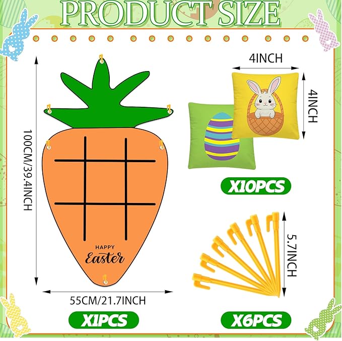 Hollowfly Easter Games Carrot Party Favors Tic Tac Toe Game Bean Bag Toss for Indoor Outdoor Yard Lawn Adults Family Night Easter Activities, 1 Carrot Felt Mat and 10 Bunny Egg Bags