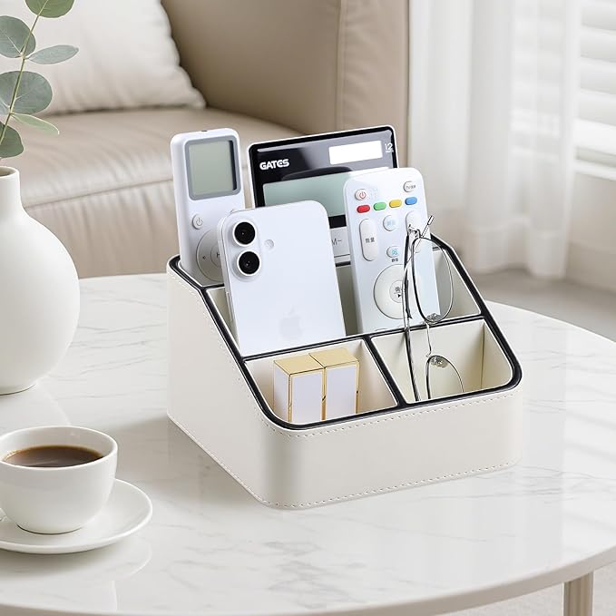 Remote Control Holder, PU Leather Small Desk Organizer with 4 Compartments, Nightstand Organizer Office Desk Accessories Desk Caddy for Countertop Bedside End Table (Cream)