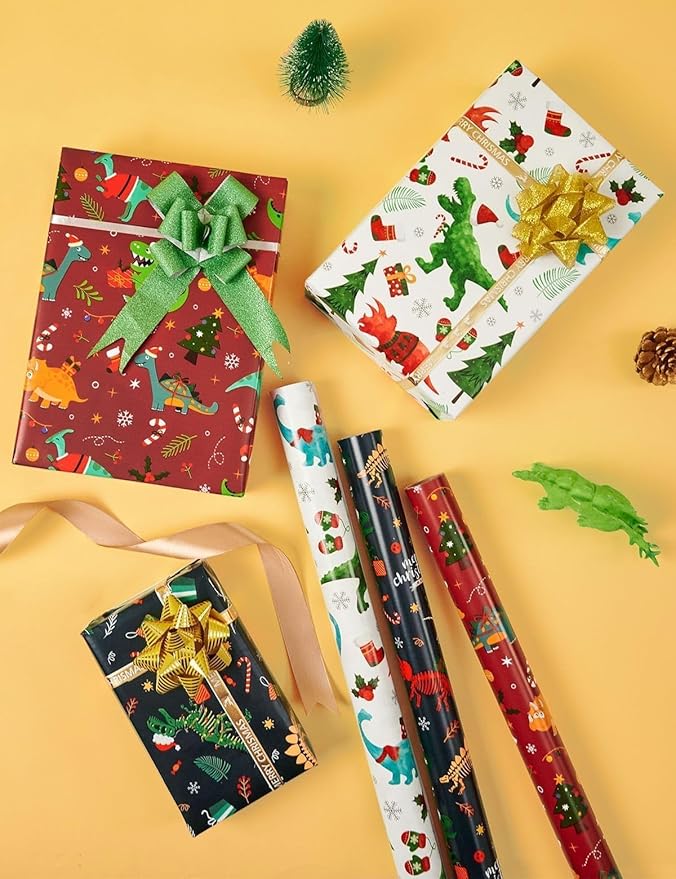 WERNNSAI Christmas Kids Wrapping Paper - 3 Rolls 17" x 120" Kids Christmas Dinosaur Wrapping Paper Rolls Boys Christmas Wrapping Papers Christmas Birthday Gift Wrap Paper with Cutting Line