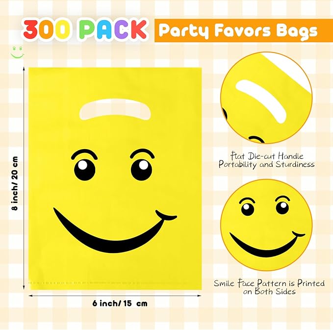 Geyee 300 Pieces Smile Face Gift Bags 6" x 8" Plastic Party Favors Goodie Treat Bags Bulk with Handle for Kids Birthday Party Classroom School Supplies(Multicolor)