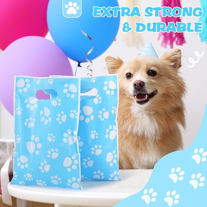 Pasimy 100 Pcs Dog Paw Gift Bags Bulk Pet Paw Puppy Plastic Treat Favor Candy Goodie Bags with Handle for Dog Birthday Party Decoration Supplies(Blue,White)