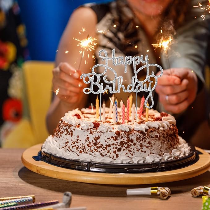 Happy Birthday Cake Topper Silver Crystal Rhinestone Birthday Cake Decoration for Women Metal Birthday Party Sparkly Bling Diamond Cake Topper Party Decoration Centerpieces Keepsake