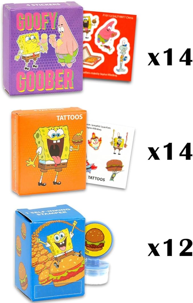 Spongebob Squarepants Party Favor Boxes Set Bundle with 40 Stickers, Tattoos, Stampers for Easter Gift Basket and Egg Hunt Fillers, More