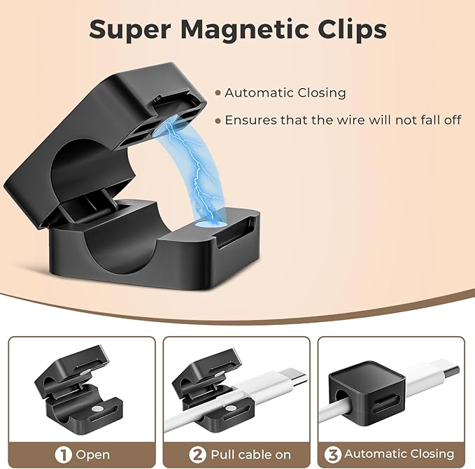 8 Pack Magnetic Cord Organizer Holder, Adjustable Cable Clips, Strong Adhesive Desk Cable Management Clips for Nightstand, Office, Car, Easy Open Design for Tidy Wire Organization