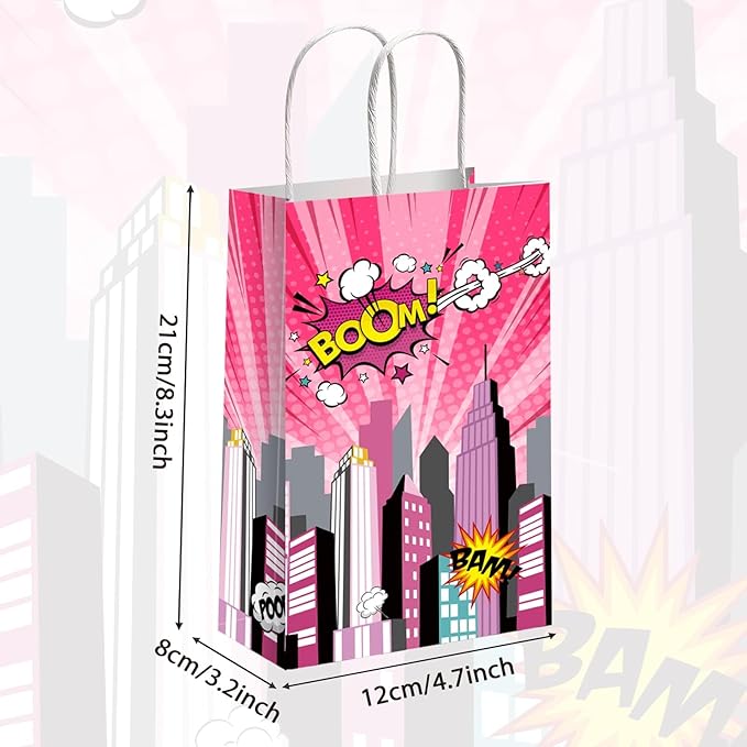 gisgfim 12 Pcs Super Girl Theme Party Supplies Bags Pink Hero Birthday Party Goody Treat Paper Bags Party Decorations Super Girl Theme Baby Shower Birthday Party Gifts 8.3 x 4.7 x 3.2 Inches