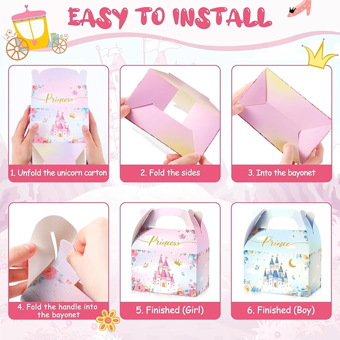 Nezyo Princess and Prince Treat Boxes - Pink & Blue Crown Cardboard Goodie Boxes for Birthday Party Favors(24 Pcs,Prince and Princess)